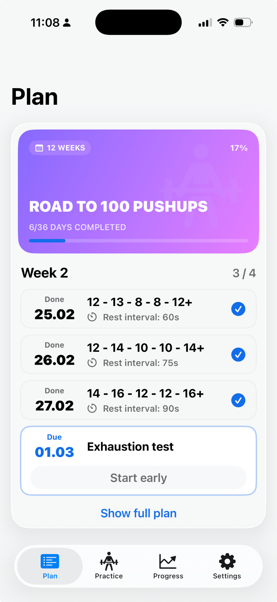 100PushUps training plan view